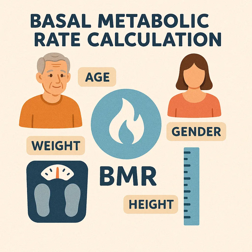 illustration of basal metabolic rate calculation showing factors like age, weight, height, and gender